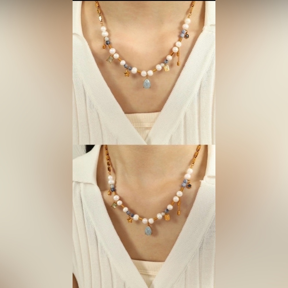 Gold and White Pearl Necklace with Blue Accents - Picture 5 of 5